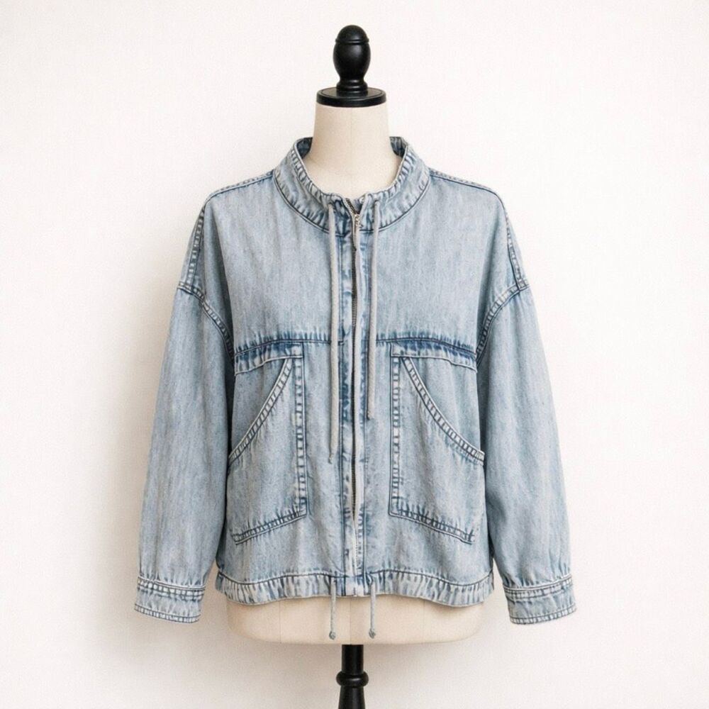 Olive + Oak Acid Wash Denim Jacket M | Lightweight Utility Zip Jacket